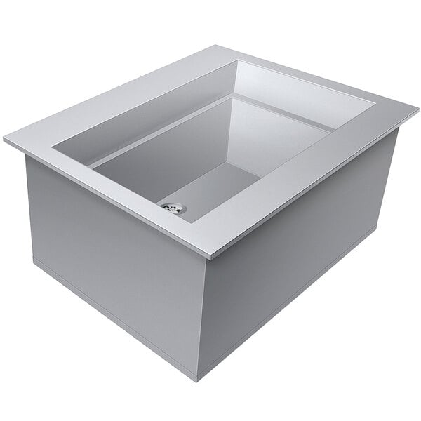 A white rectangular metal sink with a square bottom for ice.