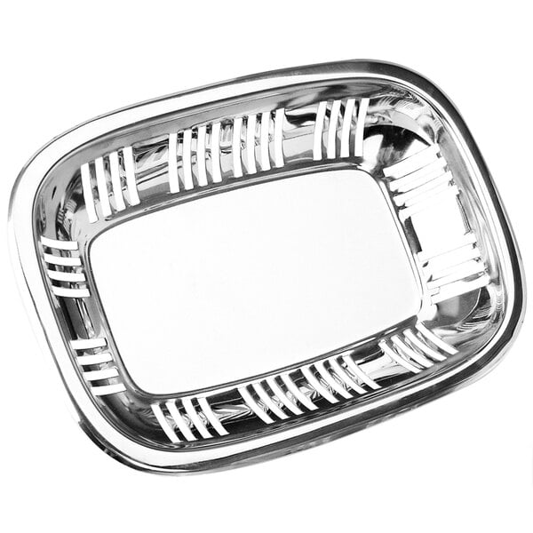 A stainless steel rectangular serving platter with handles.