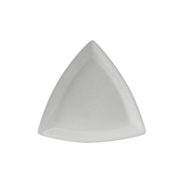 A white triangle shaped Tuxton china plate with a white rim.