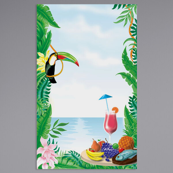 Menu cover with a tropical toucan and fruit design.