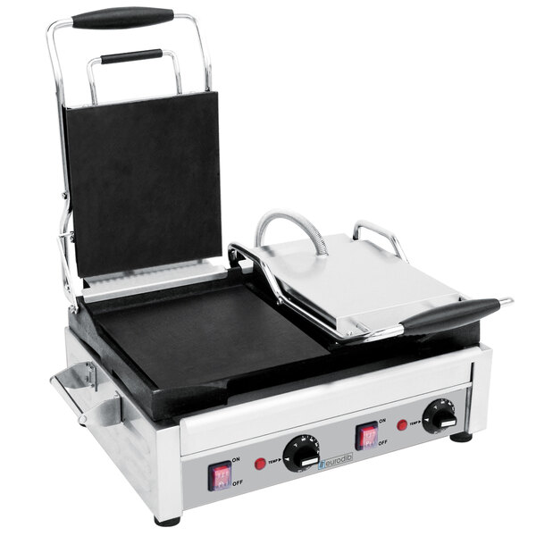 A Eurodib Double Panini Grill with smooth plates on a counter.