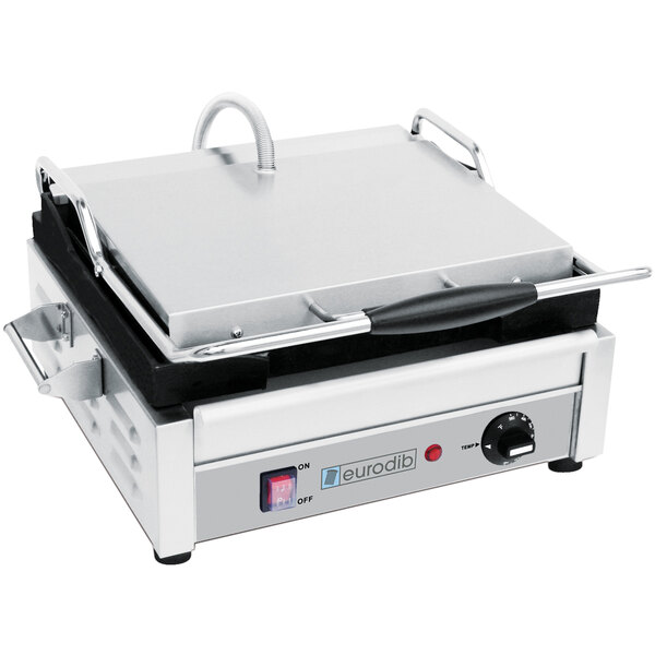 A Eurodib single panini grill with smooth plates and a lid.