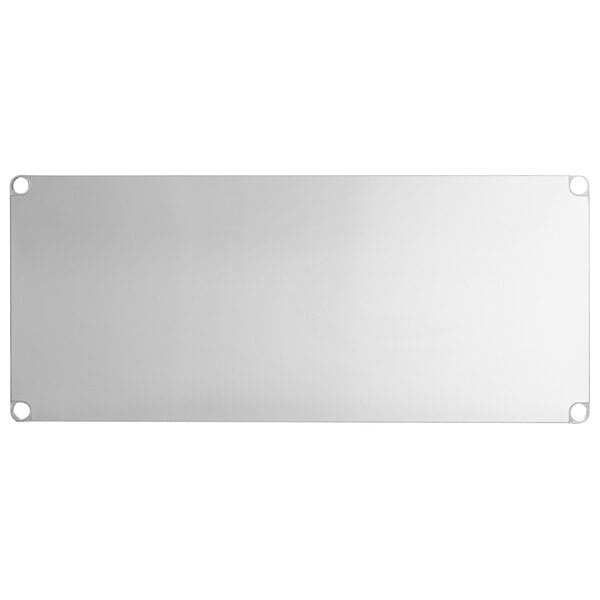 A white rectangular metal undershelf with holes.