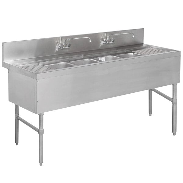Advance Tabco PRB-19-64C 4 Compartment Prestige Series Underbar Sink with (2) 12" Drainboards and (2) Splash Mount Faucets - 20" x 72"