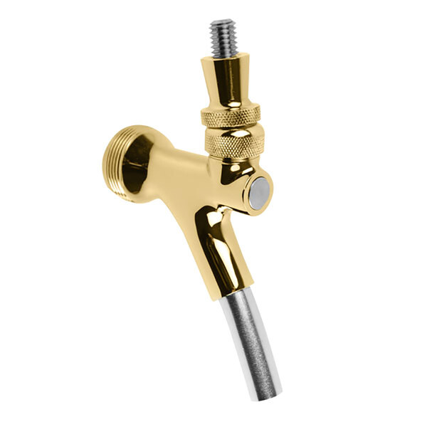 A close-up of a Micro Matic gold finish brass beer faucet with a stainless steel lever.