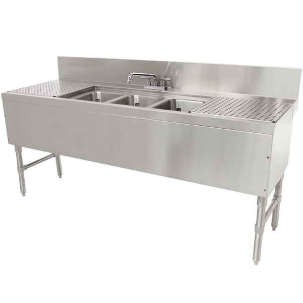 Advance Tabco PRB-24-73C 3 Compartment Prestige Series Underbar Sink with (2) 24" Drainboards and Deck Mount Faucet - 25" x 84"