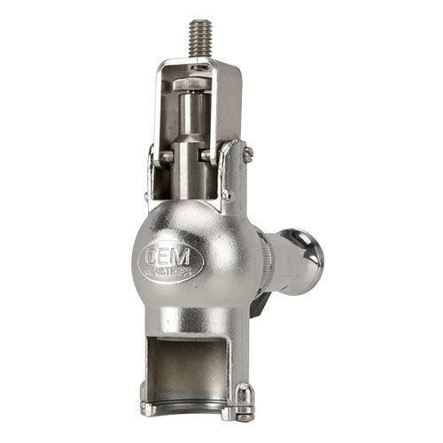 A Micro Matic stainless steel beer growler filler with a stainless steel lever.