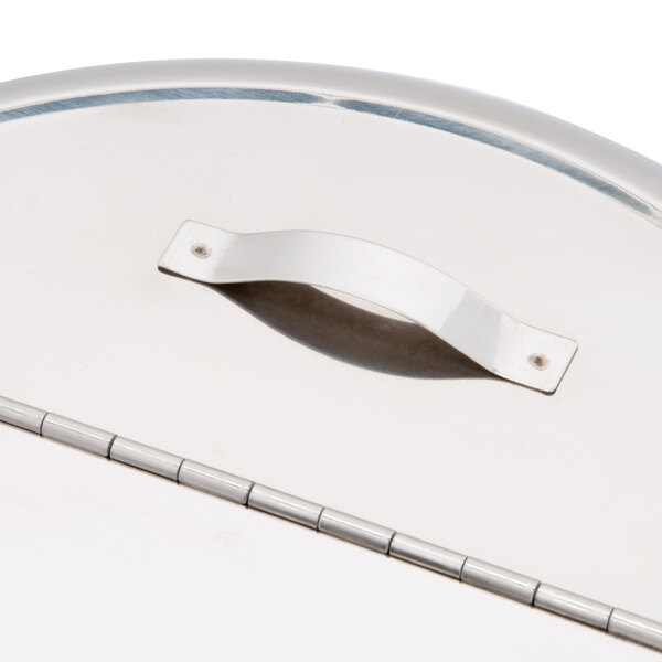 The silver metal lid assembly for an Avantco S600 soup kettle with a white ring.