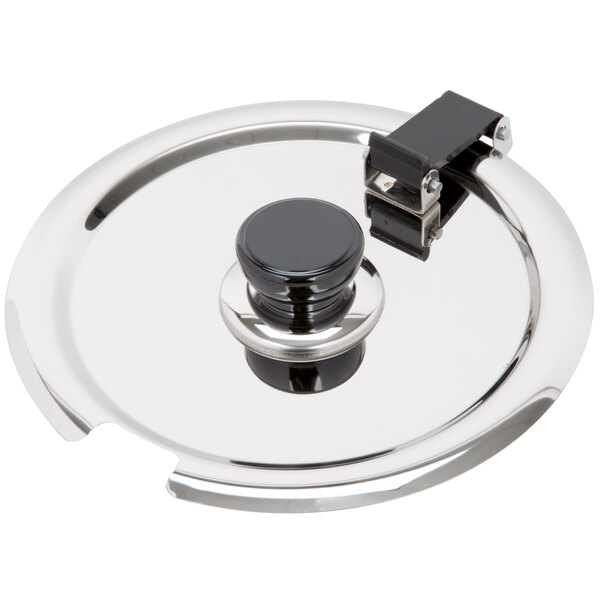 A stainless steel Avantco lid with a black knob.