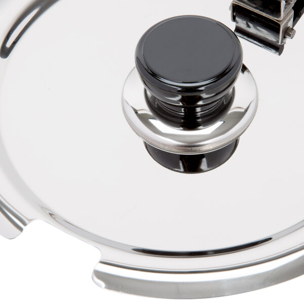 A stainless steel Avantco lid with a black knob.