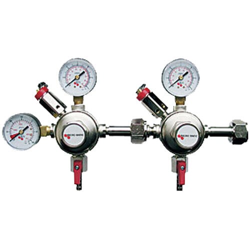 A close-up of two Micro Matic CO2 pressure gauges.