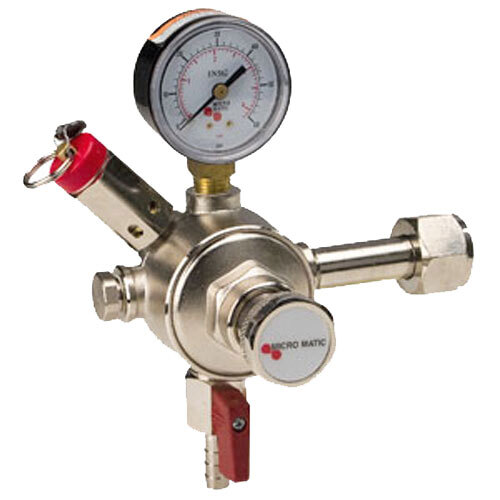 A close-up of a Micro Matic CO2 low-pressure regulator's pressure gauge on a white background.