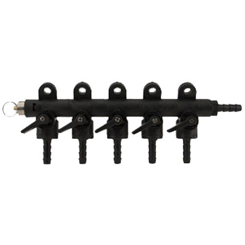A Micro Matic black plastic 4-way beer gas distributor with black valves.