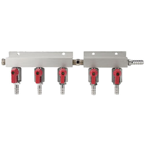 A close-up of the Micro Matic 5-way beer gas distributor with stainless steel valves and red handles.