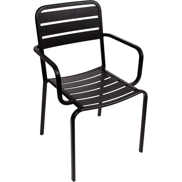 A black BFM Seating outdoor restaurant chair with armrests and a slatted back.