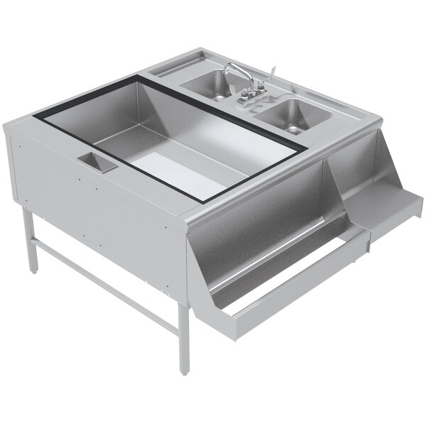 A stainless steel Advance Tabco pass-through workstation with a sink and faucet.