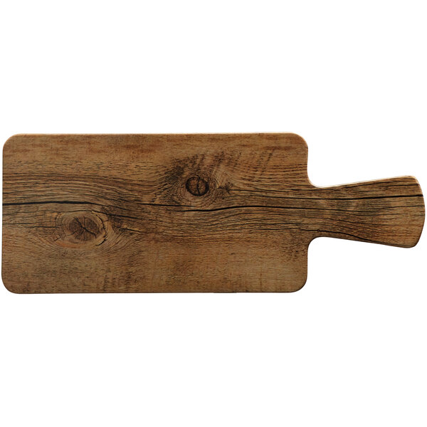 An Elite Global Solutions rectangular faux driftwood serving board with a handle.