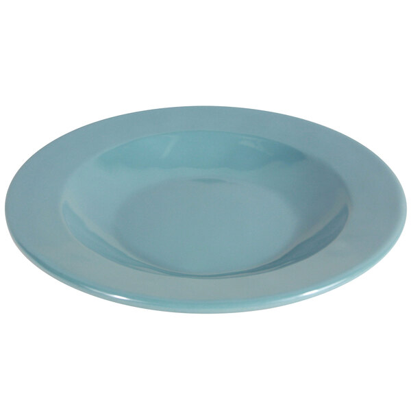 A blue bowl with a round rim on a white background.