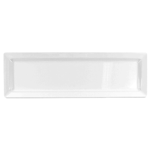 A white rectangular melamine serving platter with a white handle.
