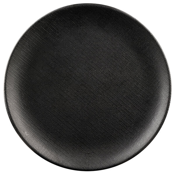 A black Elite Global Solutions round melamine plate with a textured surface.