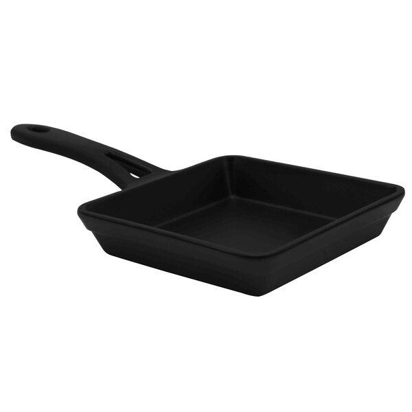 A black square Elite Global Solutions faux cast iron skillet with a handle.