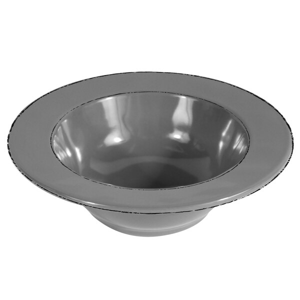A gray melamine bowl with a silver double-line design.
