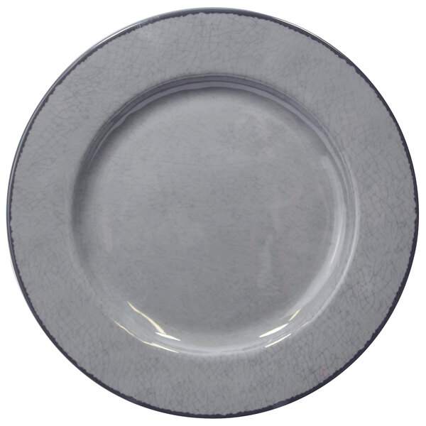 A gray melamine plate with a crackled rim.