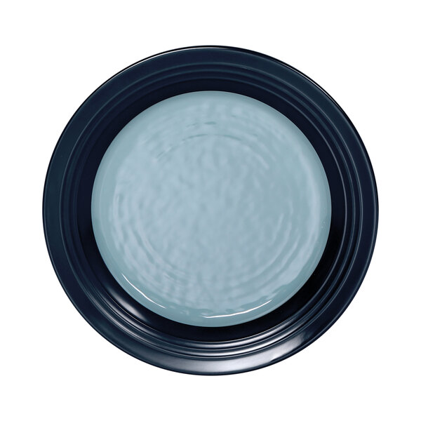 A black and blue Elite Global Solutions Durango melamine plate with a white circle and a black rim.