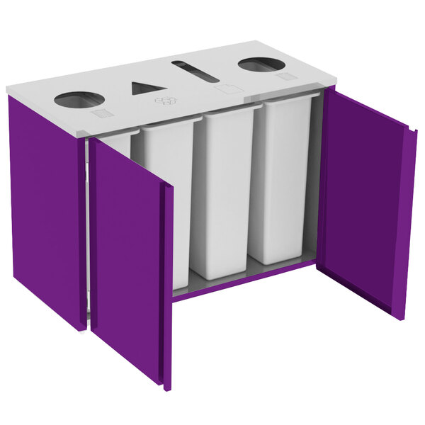 A Lakeside purple rectangular refuse station with three compartments, two purple and one white.