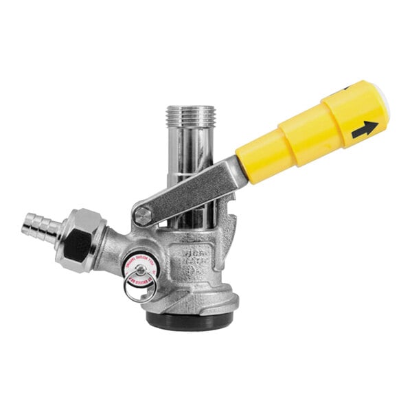 A Micro Matic "D" System beer keg coupler with a yellow lever handle.