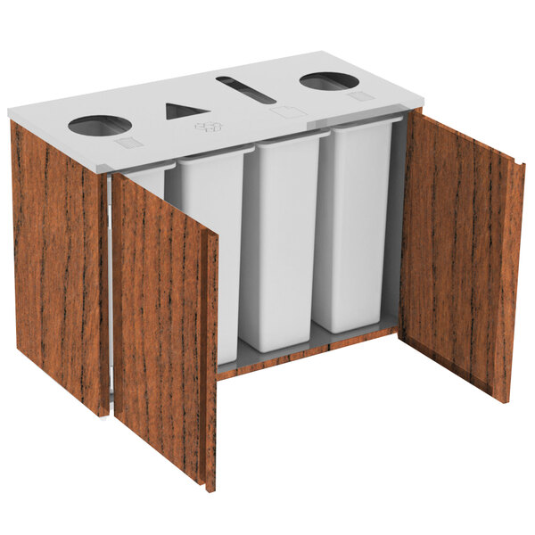 Lakeside 3418VC Stainless Steel Rectangular Refuse (2) / Recycle / Paper Station with Top Access and Victorian Cherry Laminate Finish - 48 1/2" x 23 1/4" x 34 1/2"
