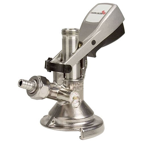 A Micro Matic "A" System beer keg coupler with a black and silver handle and stainless steel probe.