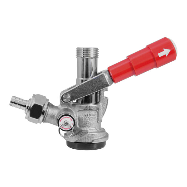 A Micro Matic "D" system beer keg coupler with a red lever handle.