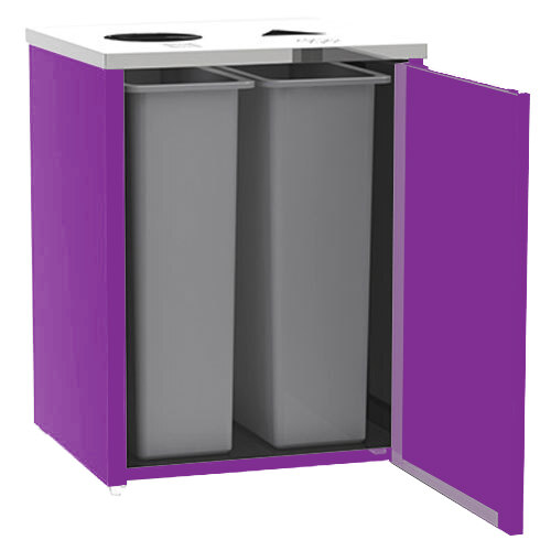 A purple rectangular Lakeside recycling station with two bins inside.