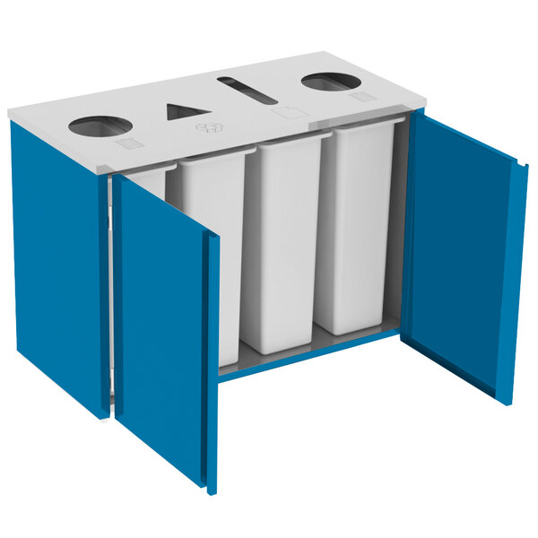 A stainless steel rectangular refuse/recycle/paper station with blue doors and drawers.