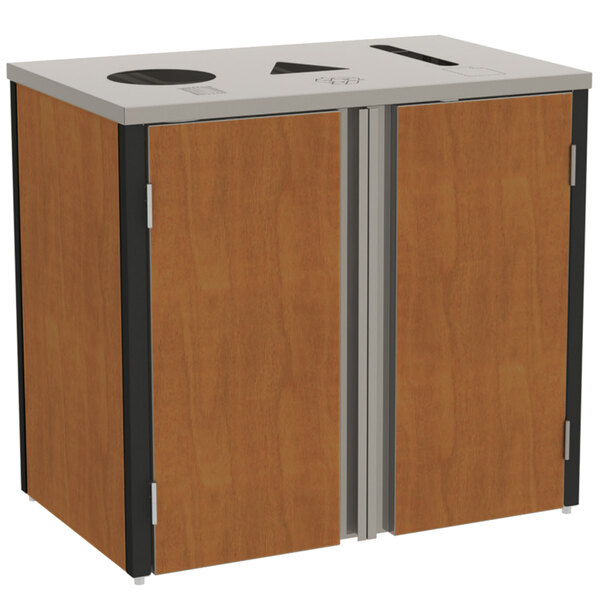 Lakeside 3415VC Stainless Steel Rectangular Refuse / Recycle / Paper Station with Top Access and Victorian Cherry Laminate Finish - 37 1/2" x 23 1/4" x 34 1/2"