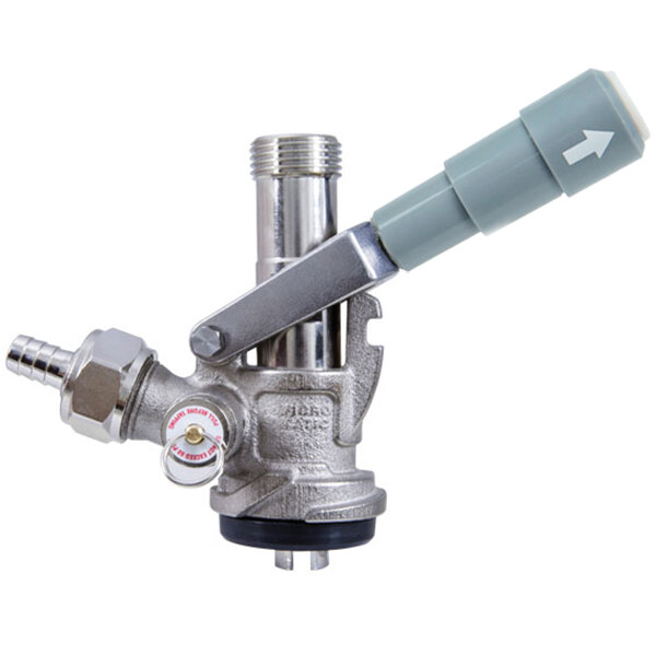 A Micro Matic stainless steel beer keg coupler with a gray handle.