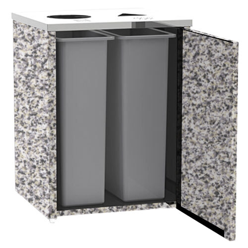 A Lakeside stainless steel rectangular refuse and recycling station with gray sand laminate top and two gray bins.
