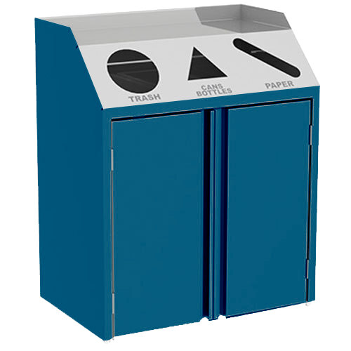 A blue rectangular Lakeside refuse and recycle station with white doors.