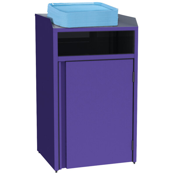 A purple cabinet with a blue door and a blue tray on top.