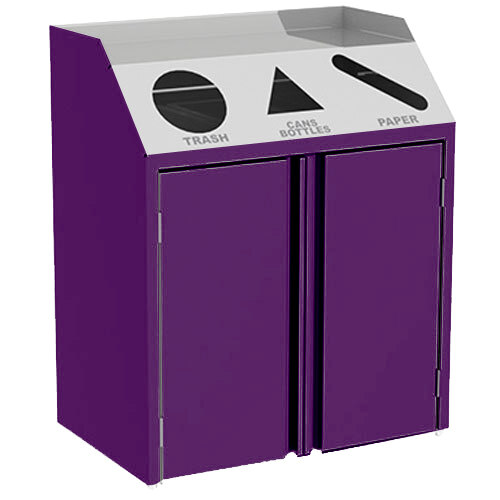 A stainless steel rectangular Lakeside refuse/recycle/paper station with a purple laminate finish and white lids.
