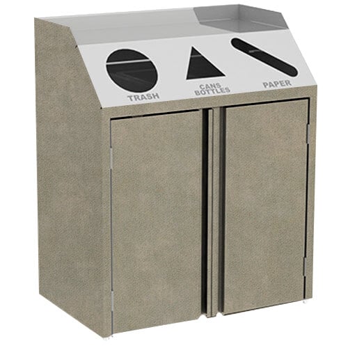A grey rectangular Lakeside refuse, recycle, and paper station with two doors.