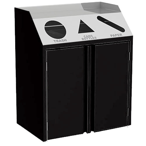 A black rectangular Lakeside refuse/recycle/paper station with a black and silver border.