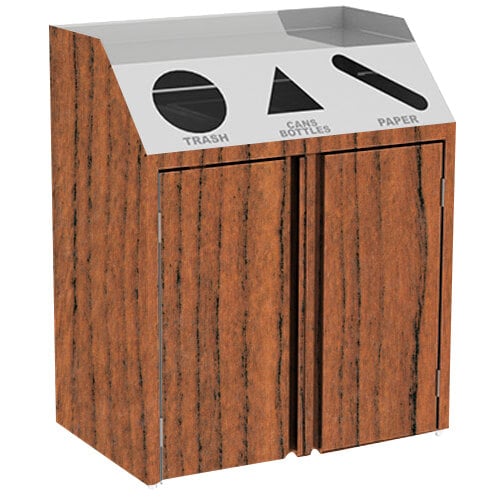 A Lakeside rectangular refuse, recycle, and paper station with a Victorian cherry finish and stainless steel front access.