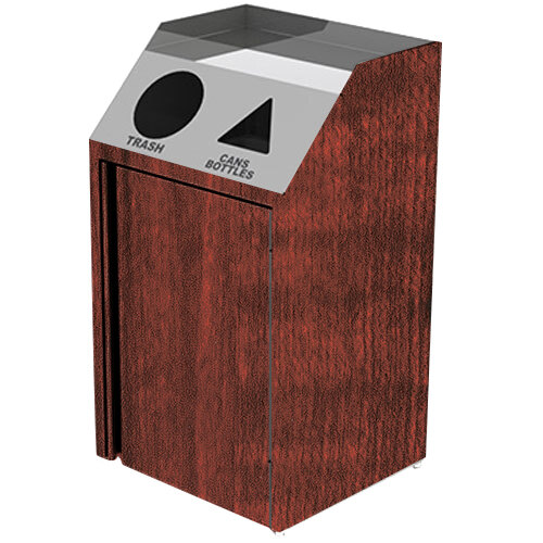 A rectangular stainless steel Lakeside recycling station with a red maple front and black lids.
