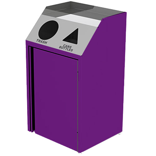 A purple rectangular refuse and recycling station with a white lid.