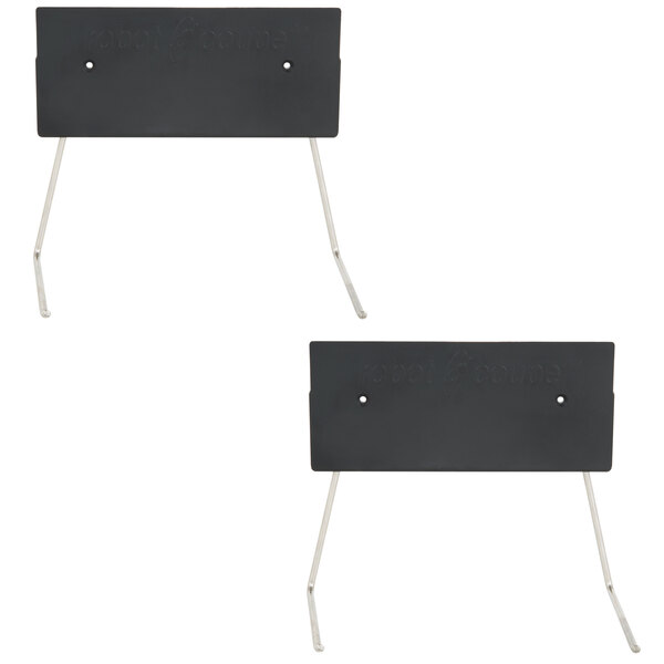 A black rectangular Robot Coupe wall rack with metal legs and white text.
