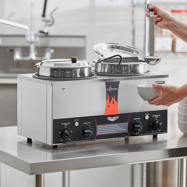Vollrath 72029 Cayenne Twin Well 7.25 Qt. Rethermalizer / Warmer Package with Insets, Covers, and Ladles - 120V, 1400W