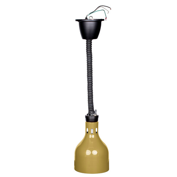 A yellow lamp with a black tube and wires.