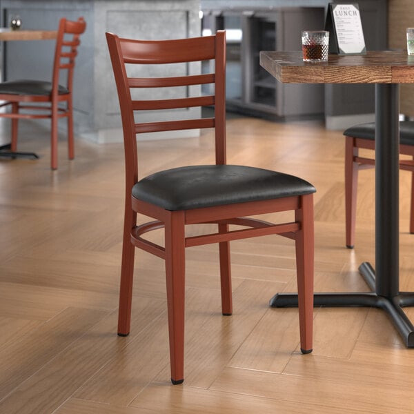 Lancaster Table & Seating Spartan Series Metal Ladder Back Chair with Mahogany Wood Grain Finish and Black Vinyl Seat
